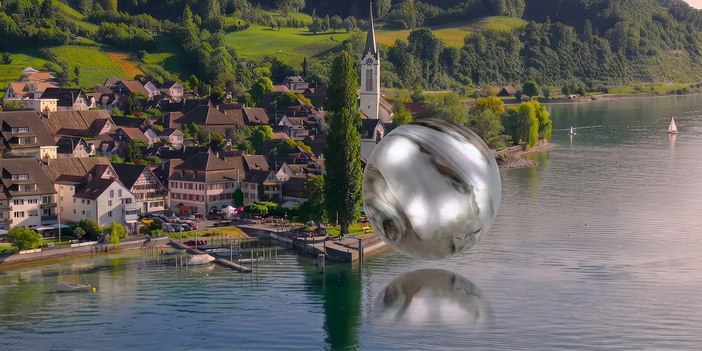The Intu Ink 9 sculpture hovering above Lake Constance