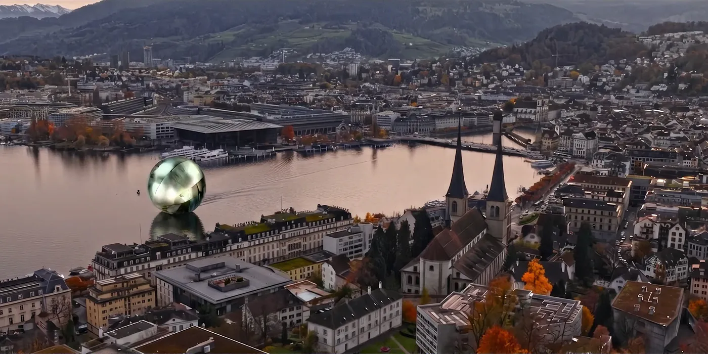 The Intu Ink sculpture hovering above Lake Lucerne