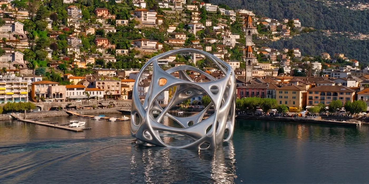 The Kaleidos Sphere Silver sculpture hovering above Lake Maggiore