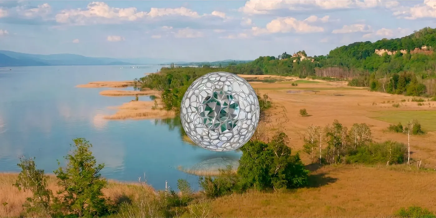 The Metasphere I sculpture hovering above Lake Neuchâtel