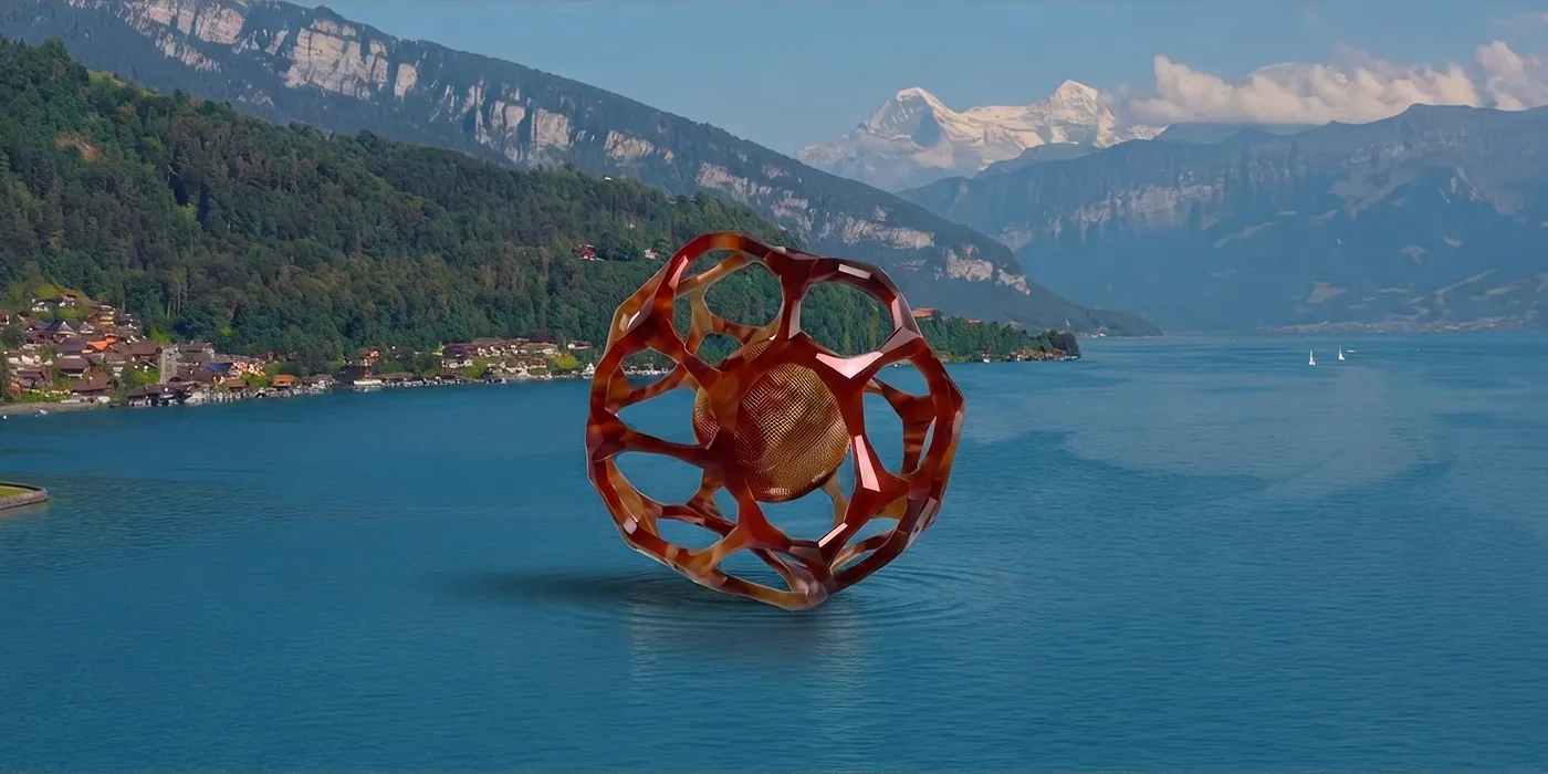 The Metasphere V sculpture hovering above Lake Thun